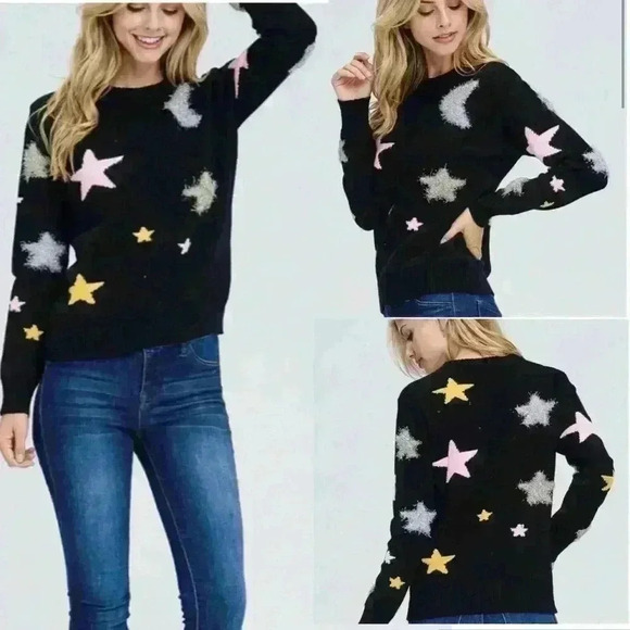 White Birch Celestial  Star Moon Multicolor Black Colorful Sweater size S - Picture 1 of 9